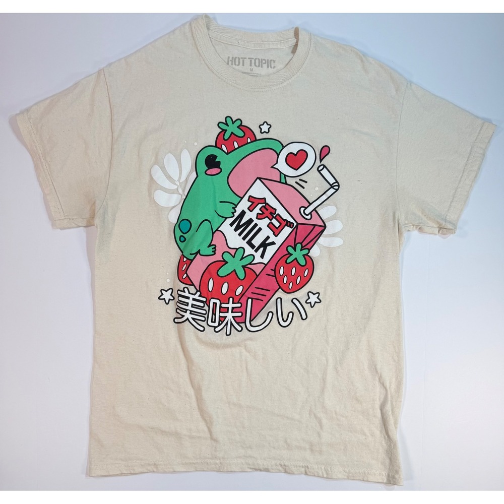 Hot Topic Kawaii Frog Strawberry Milk Graphic T-Shirt Cream Mens Medium